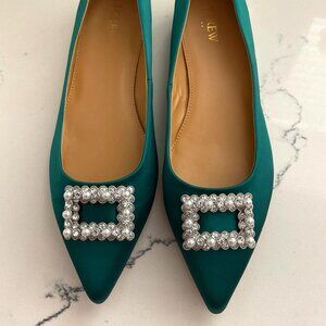 J.Crew Pointy-Toe Flats With Crystal Buckle Academic Green NIB Size 10